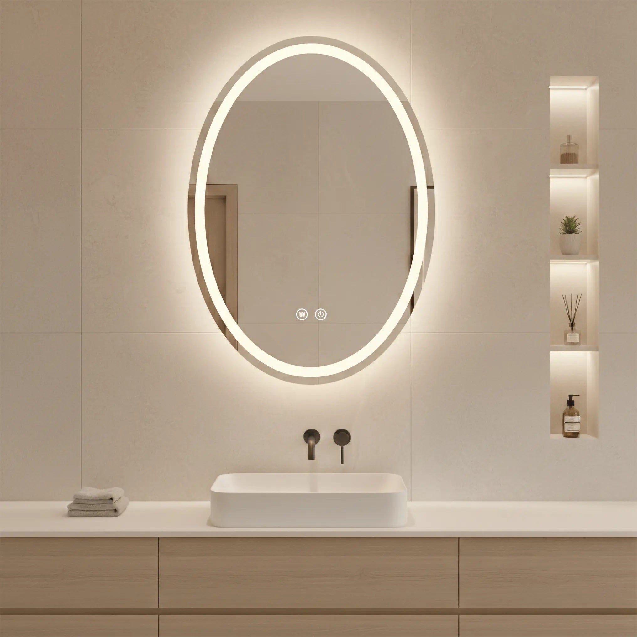 Огледало с осветление и подгрев Marco 50х70 см. ЛЕД огледало за баня с touch и антизамъгляване, мебели за баня