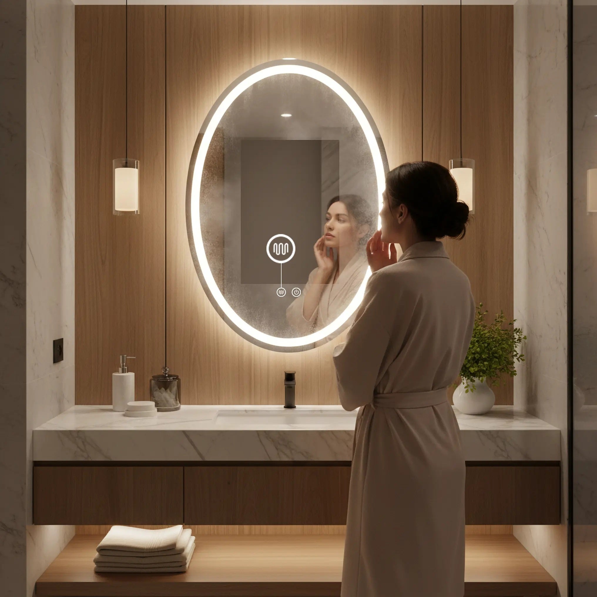 Огледало с осветление и подгрев Marco 50х70 см. овално LED огледало за баня с touch, антизамъгляване, мебели за баня