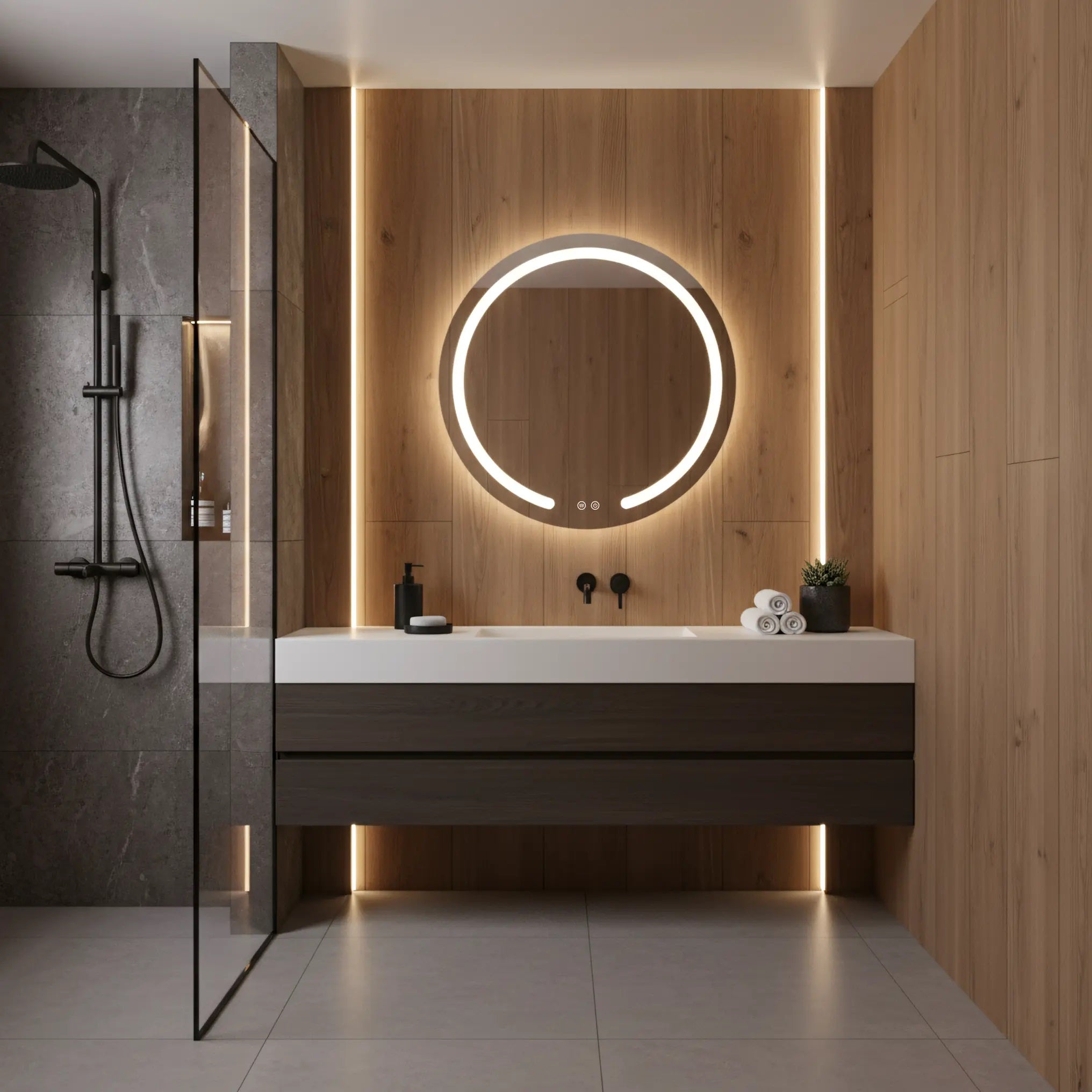 Огледало с осветление и подгрев Modern Ф50 см. огледало за баня с LED и антизамъгляване, мебели за баня и плочки за баня