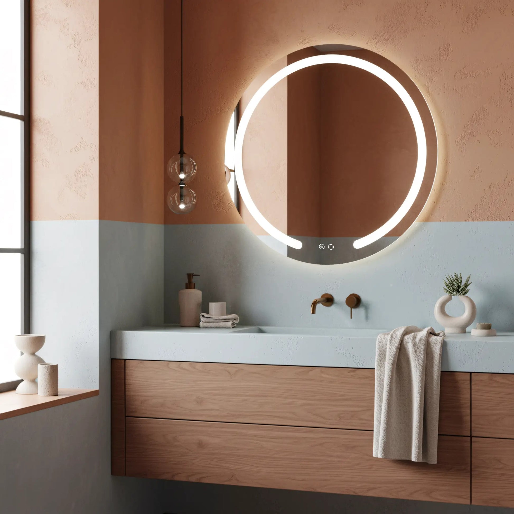 Огледало с осветление и подгрев Modern Ф50 см. LED огледало за баня с touch, 3 цвята светлина и антизамъгляване над мивка за баня