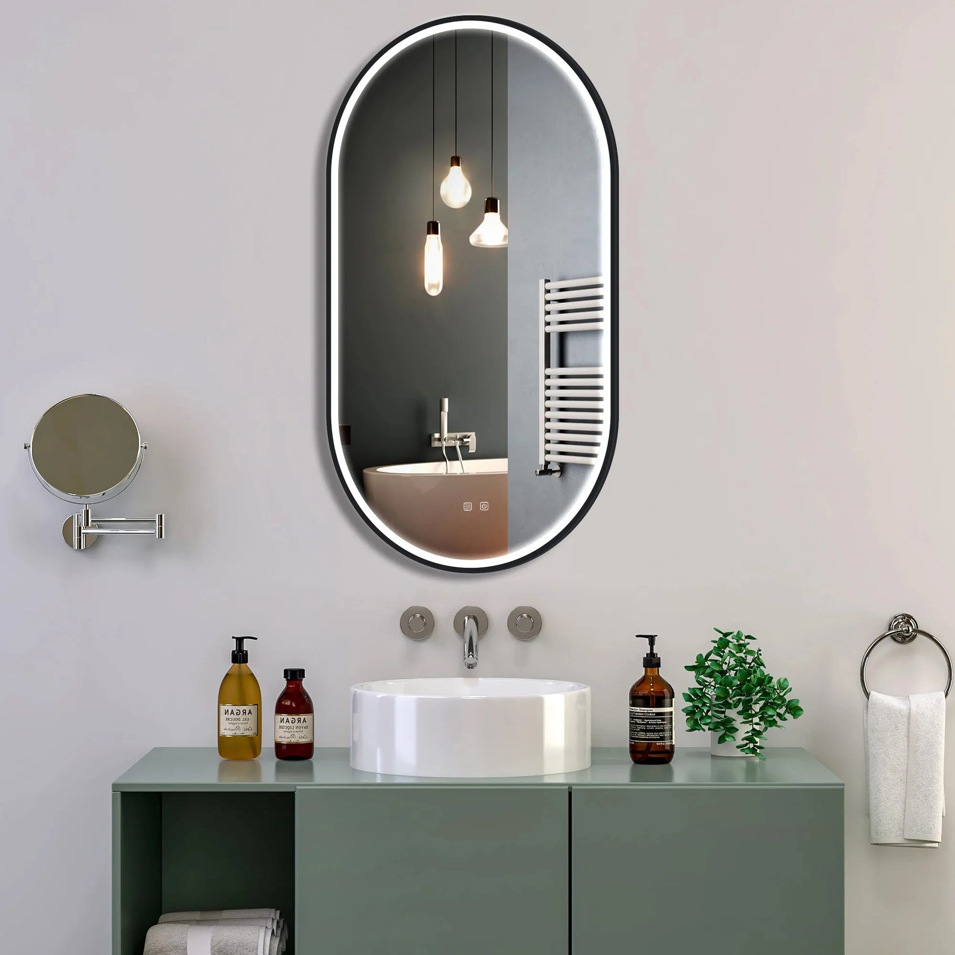 Огледало с осветление и подгрев OVL Black 50х100 см. – черно овално LED огледало 50x100 см с touch, нагревател против замъгляване, онлайн магазин KERANOVA
