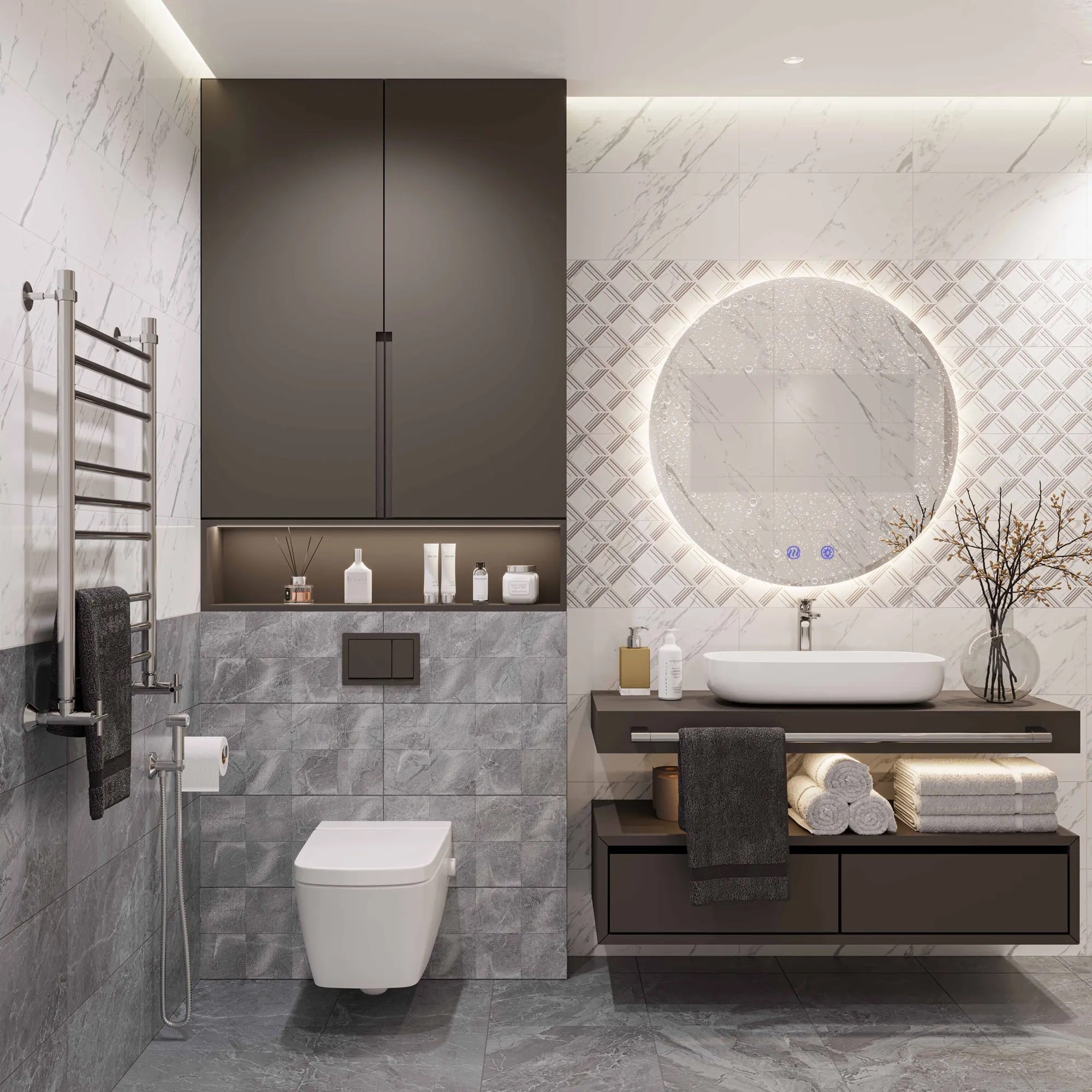 Огледало с осветление и подгрев Ф80 см. – кръгло LED огледало с подгрев, три цвята светлина, тъч управление за баня KERANOVA