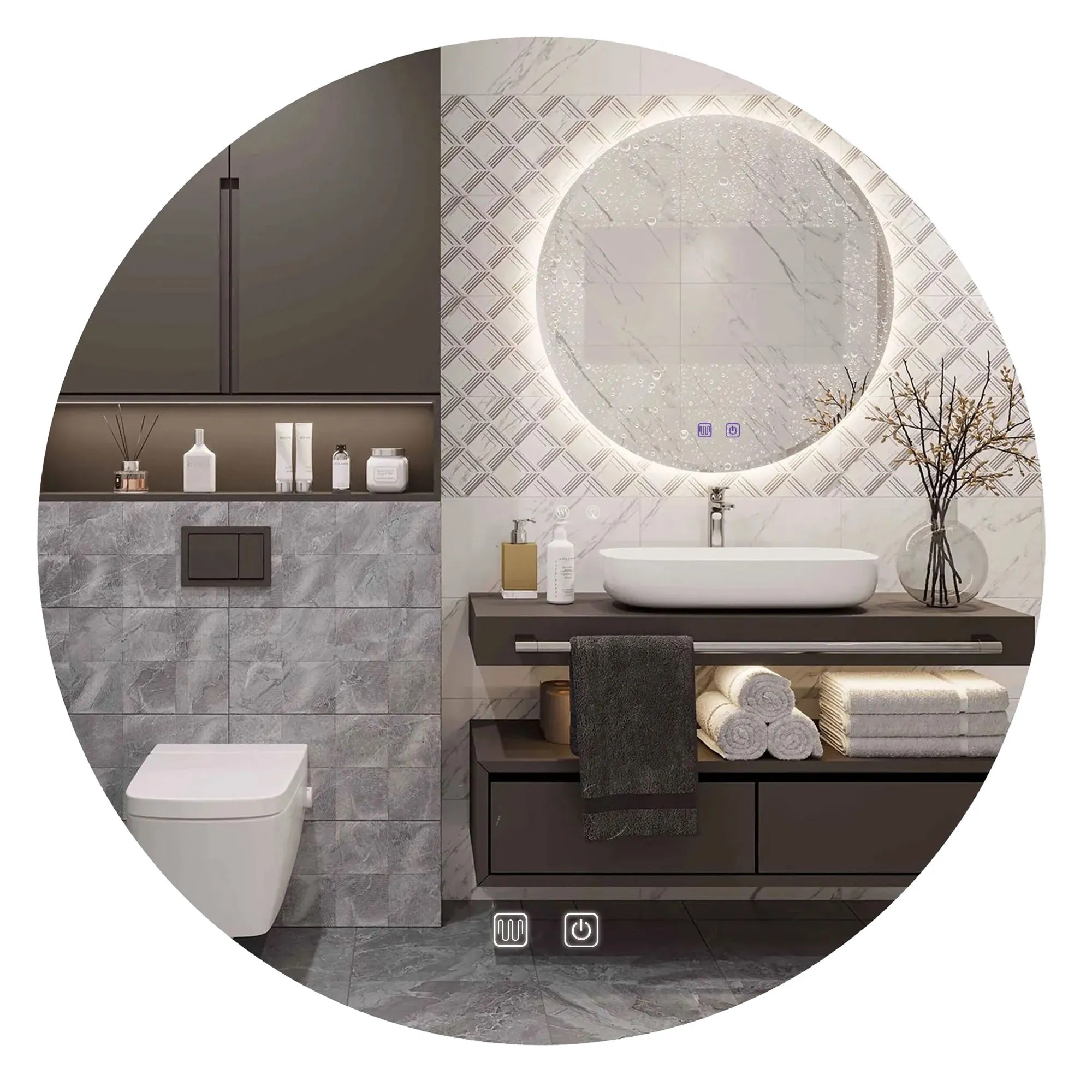 Огледало с осветление и подгрев Ф80 см. LED баня с три цвята светлина, нагревател против замъгляване – KERANOVA онлайн магазин