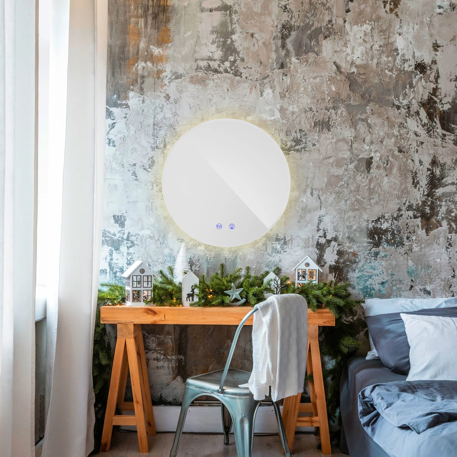 Огледало с осветление и подгрев Ф80 см. LED баня с три цвята 6500K/4000K/3000K, нагревател против замъгляване, KERANOVA