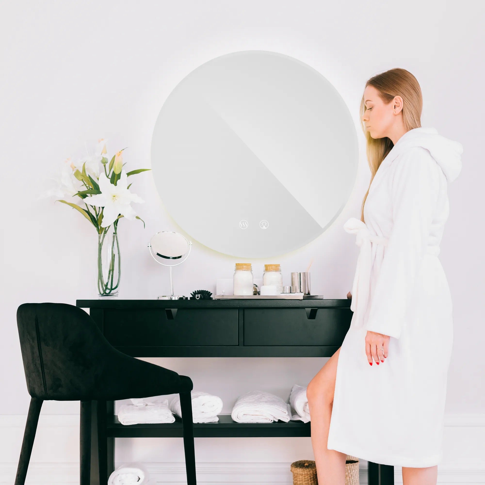 Огледало с осветление и подгрев Ф80 см. – кръгло LED огледало за баня с подгрев, димиране и три цвята светлина, онлайн магазин KERANOVA