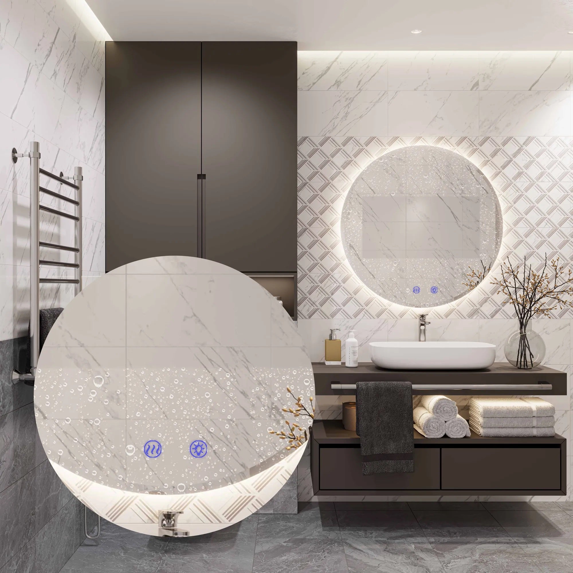 Огледало с осветление и подгрев Ф80 см. - LED баня огледало с три цвята светлина, димер, touch и нагревател - KERANOVA онлайн магазин