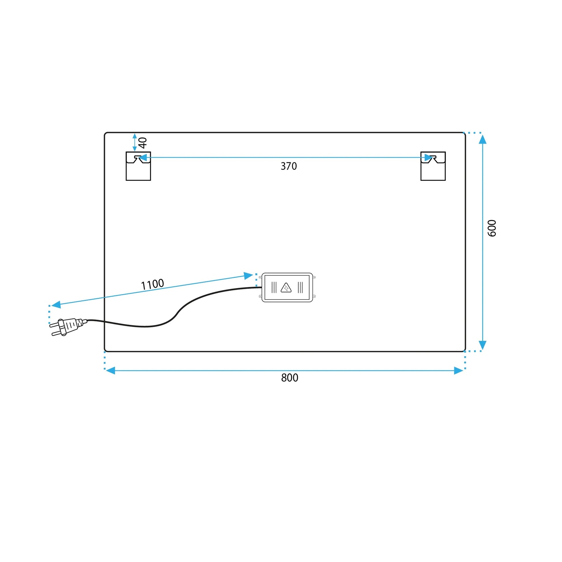 Огледало с осветление SQUARE 80х60 см. схема с измерения 800x600 мм, кабел 1100 мм и позиция захватни елементи - KERANOVA