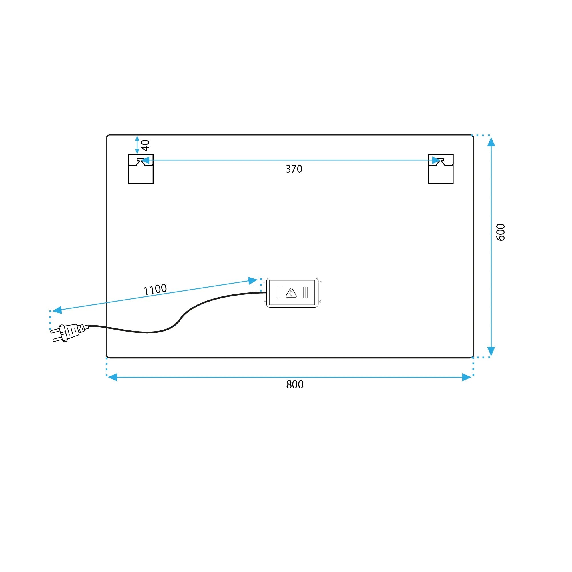 Огледало с осветление SQUARE 80х60 см. схема с измерения 800x600 мм, кабел 1100 мм и позиция захватни елементи - KERANOVA