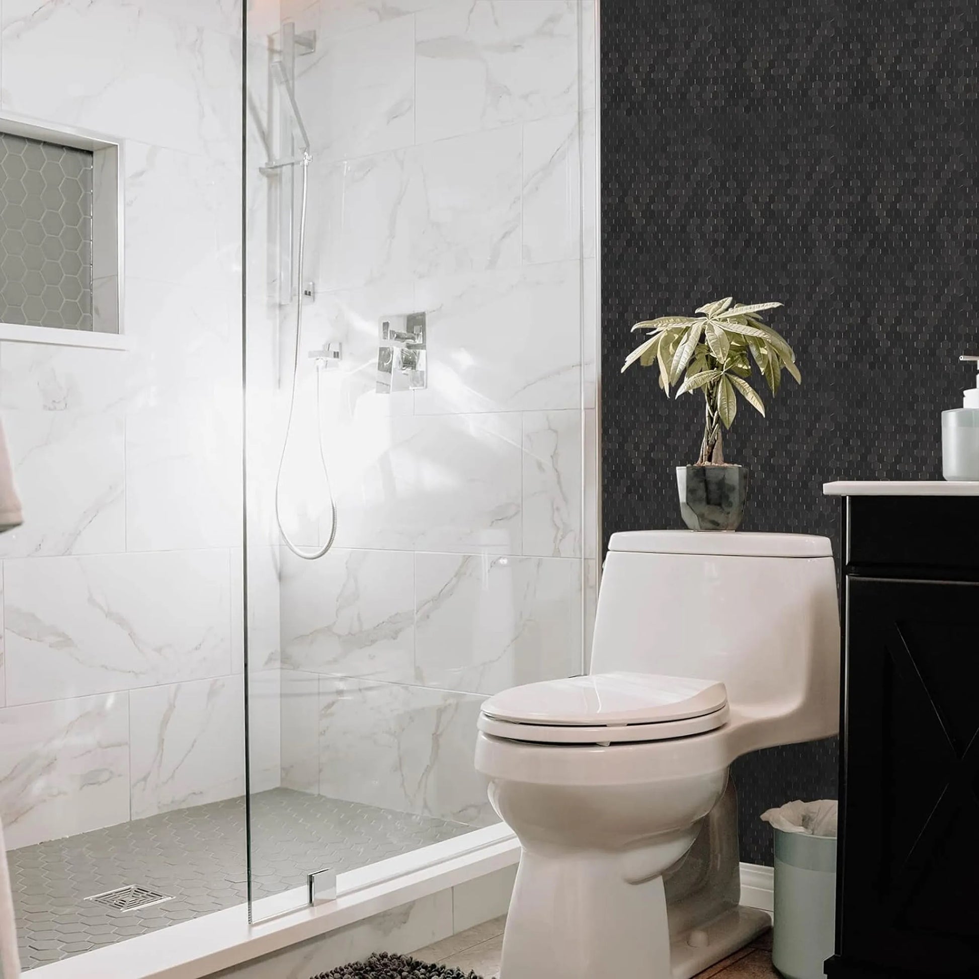 Мозайка 133425 Black в съвременна баня, черна керамична декоративна мозайка на стена - KERANOVA онлайн магазин