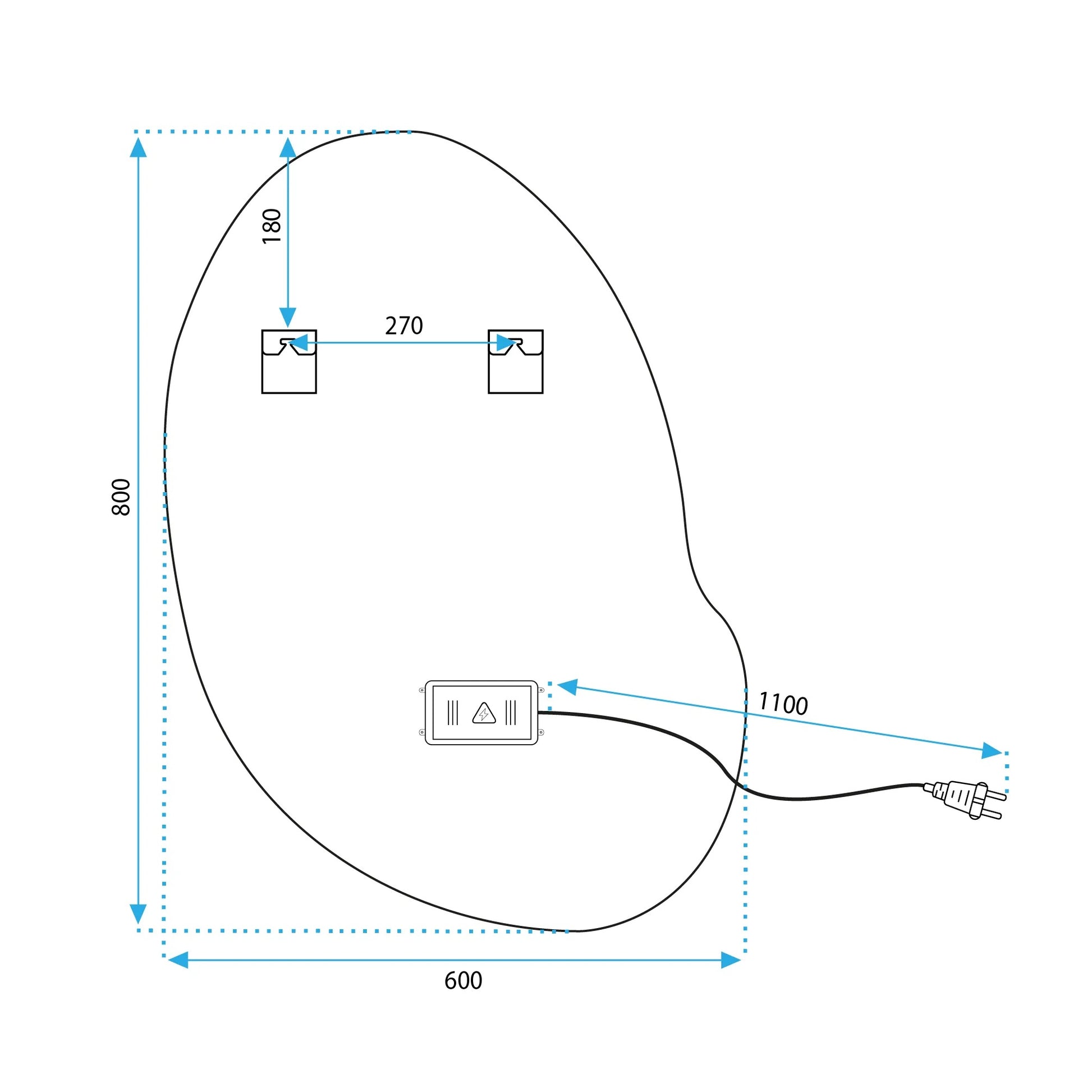Огледало с осветление и подгрев Cloud C 60х80 см. техническа схема с размери 60x80 мм, разстояния 270 мм, кабел 1100 мм, онлайн магазин KERANOVA