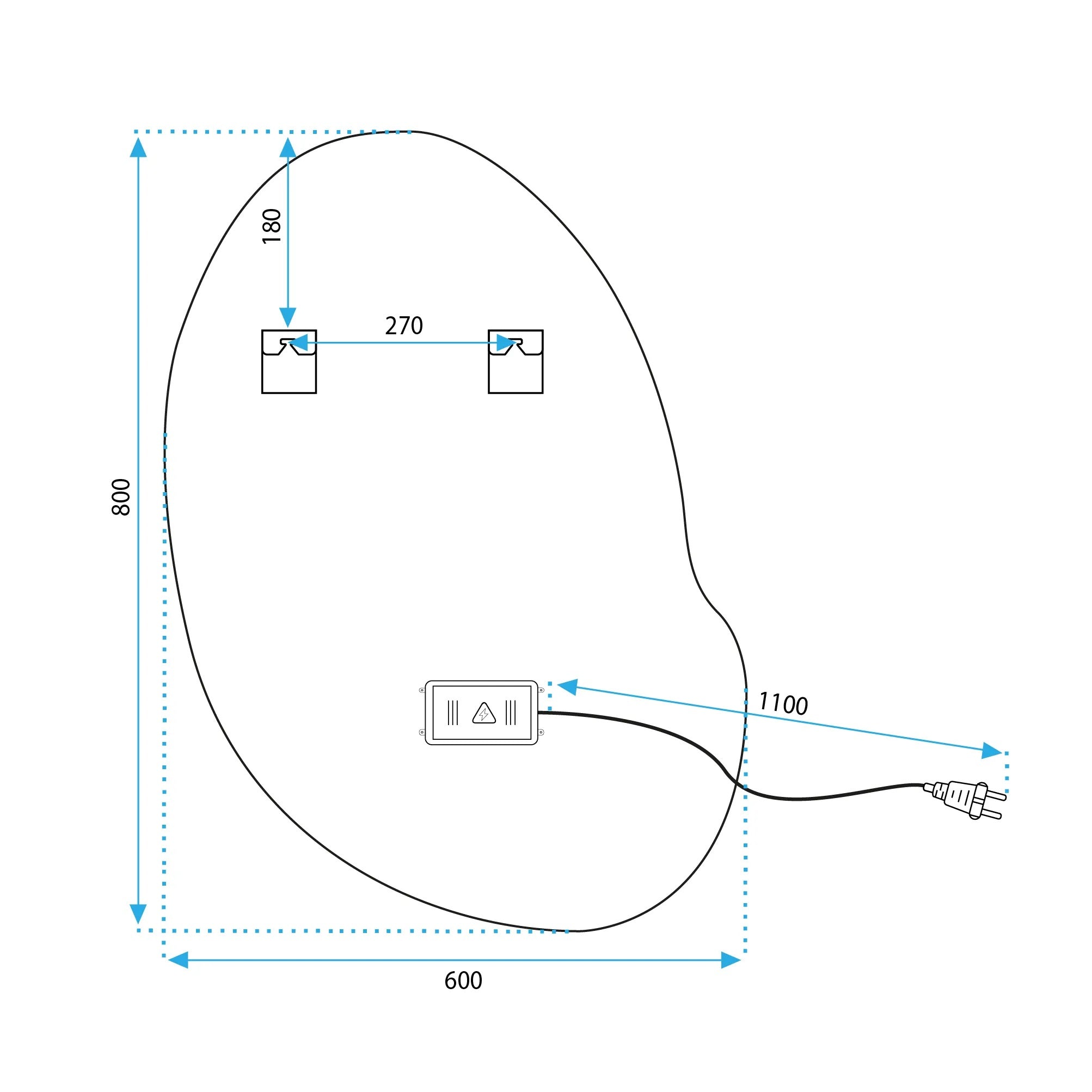 Огледало с осветление и подгрев Cloud C 60х80 см. техническа схема с размери 60x80 мм, разстояния 270 мм, кабел 1100 мм, онлайн магазин KERANOVA