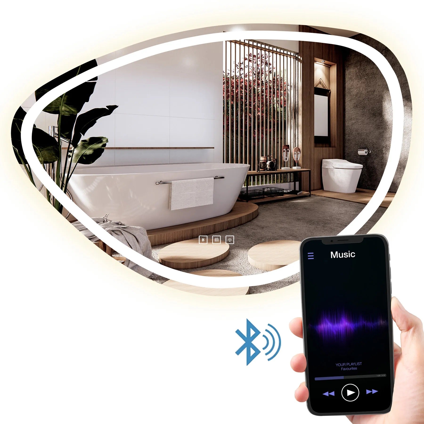 Огледало с осветление и подгрев FOG 100х70 см. – LED баня огледало с Bluetooth високоговорител, три цвята светлина, touch управление, антифог KERANOVA