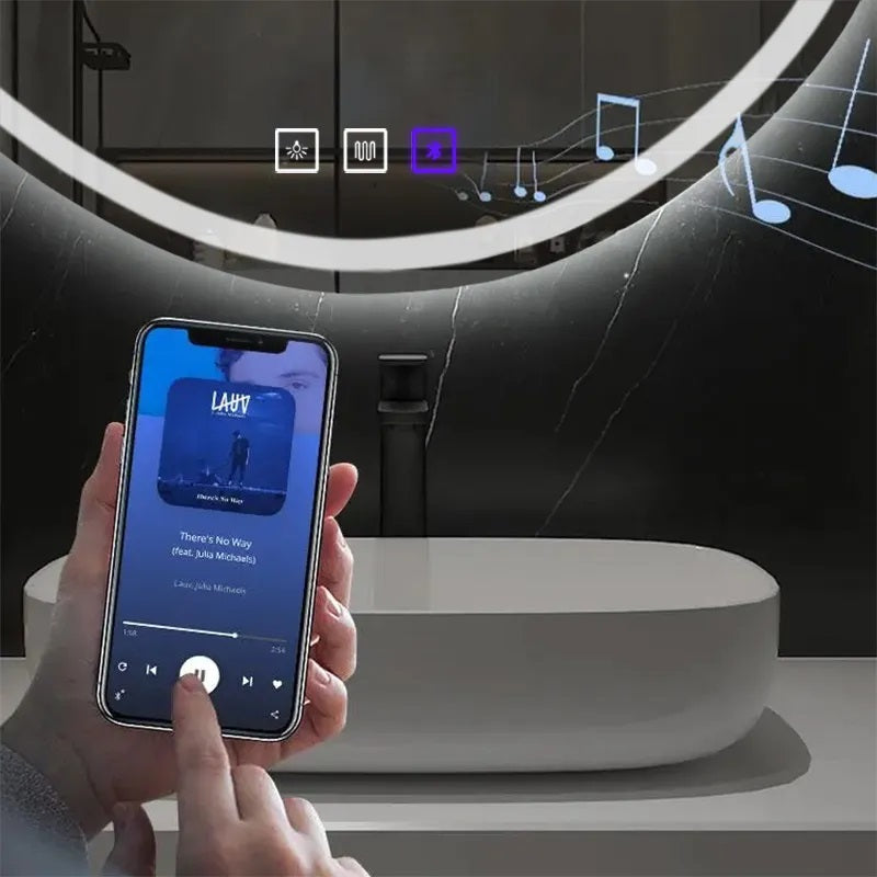 Огледало с осветление и подгрев FOG 100х70 см. – LED огледало с Bluetooth високоговорител, touch управление и нагревател против замъгляване за баня KERANOVA