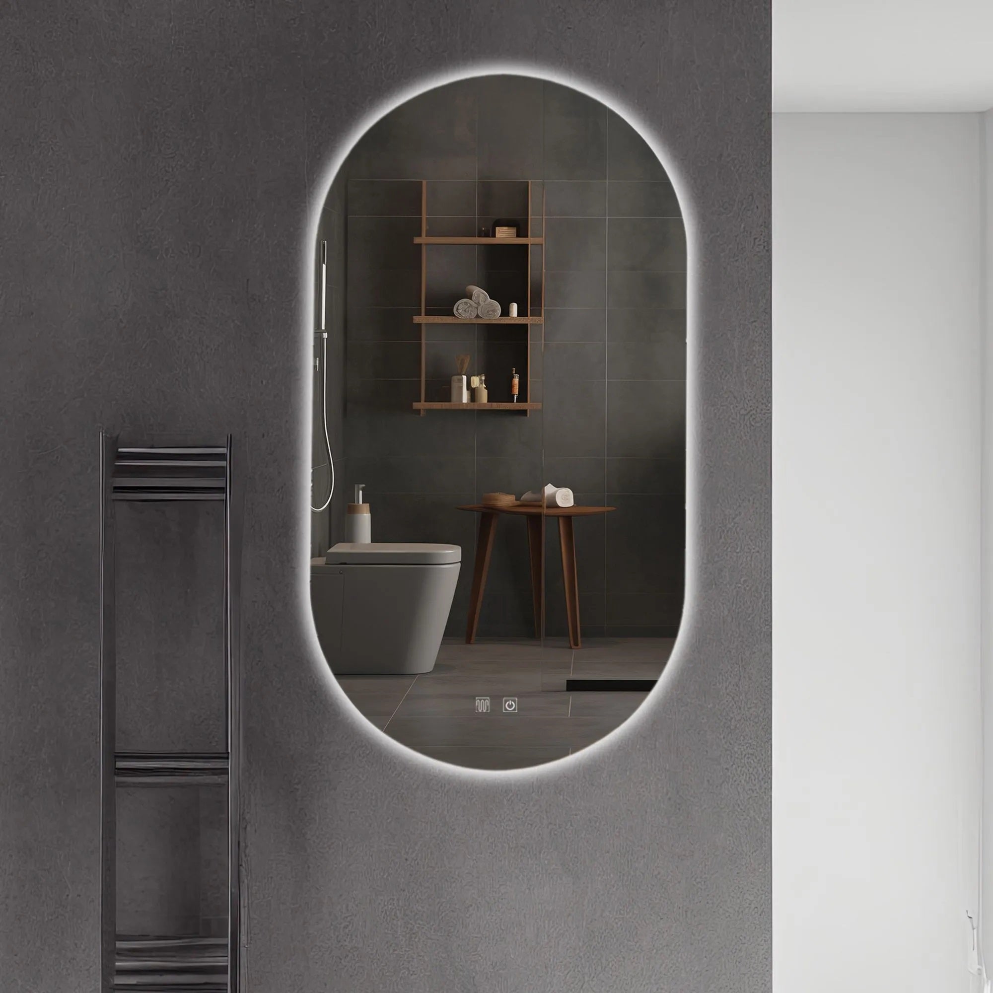 Огледало с осветление и подгрев EGG 60х80 см. – LED банково огледало с три цвята светлина, нагревател против замъгляване, димиране, TOUCH - KERANOVA