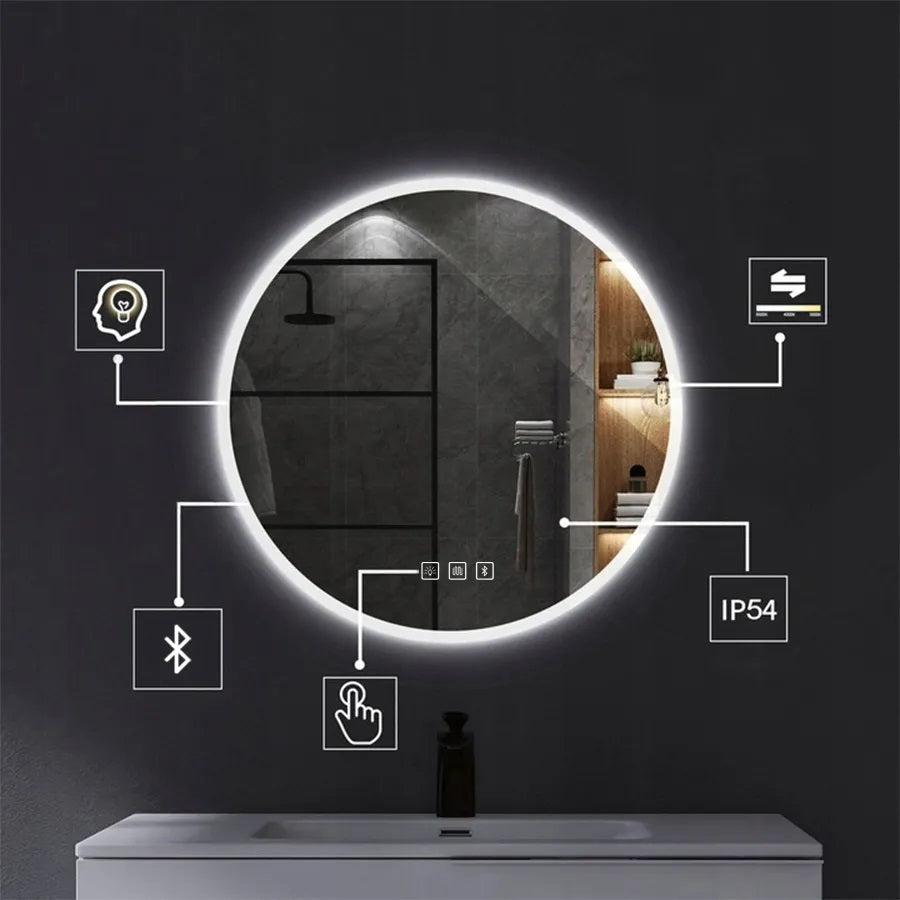 Огледало с осветление, подгрев и Bluetooth FFJ Ф80 см. - LED кръгло баня, тритонова светлина, подгрев и Bluetooth за KERANOVA