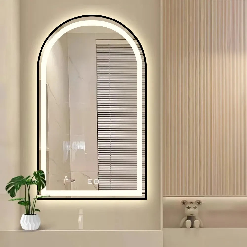 Огледало с осветление и подгрев Dash Black 60х100 см. - черно арково LED огледало за баня с подгряване, димиране и Touch Screen | KERANOVA