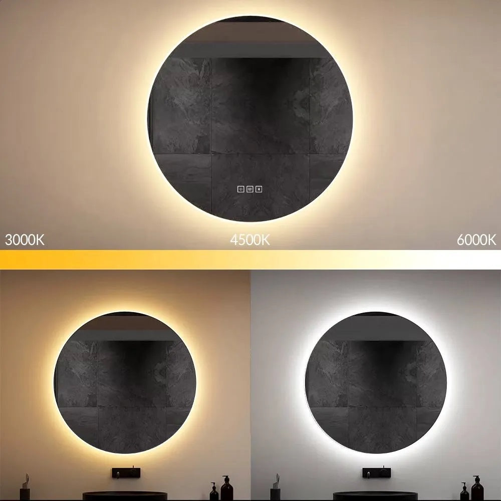 Огледало с осветление, подгрев и Bluetooth Round Ф60 см. - кръгло LED огледало с три цвята светлина, демпинг, Bluetooth и нагревател за баня KERANOVA
