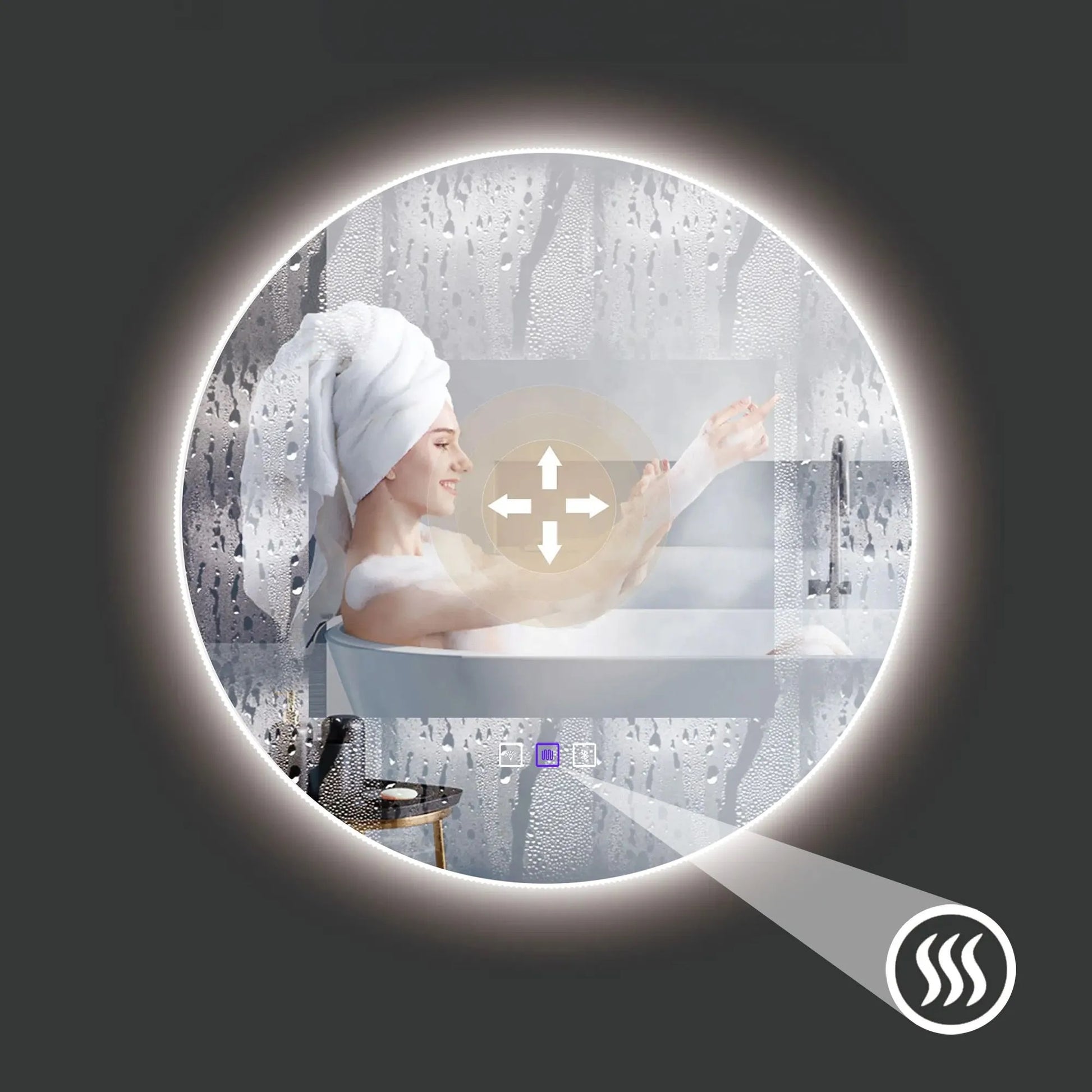 Огледало с осветление, подгрев и Bluetooth Round Ф60 см. – LED огледало за баня с Bluetooth, три цвята светлина и антизамъгляване, KERANOVA