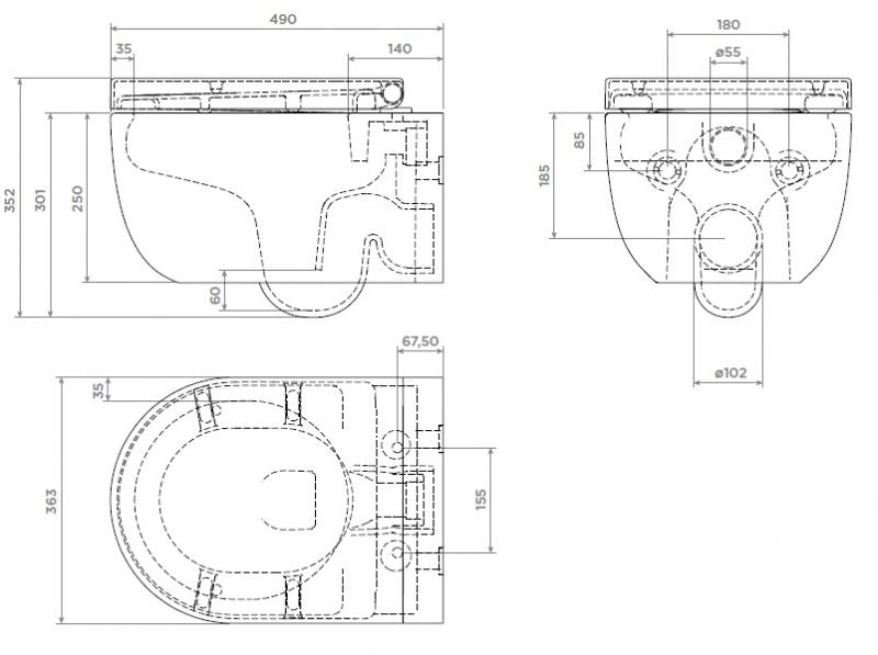 Rimless конзолна тоалетна Tondo - Bocchi технически чертеж с размери за онлайн магазин KERANOVA