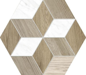 Hexa Beuty Mat 23x27 - шестостенна мозайка с дървесен и бял мраморен ефект за баня, онлайн магазин KERANOVA