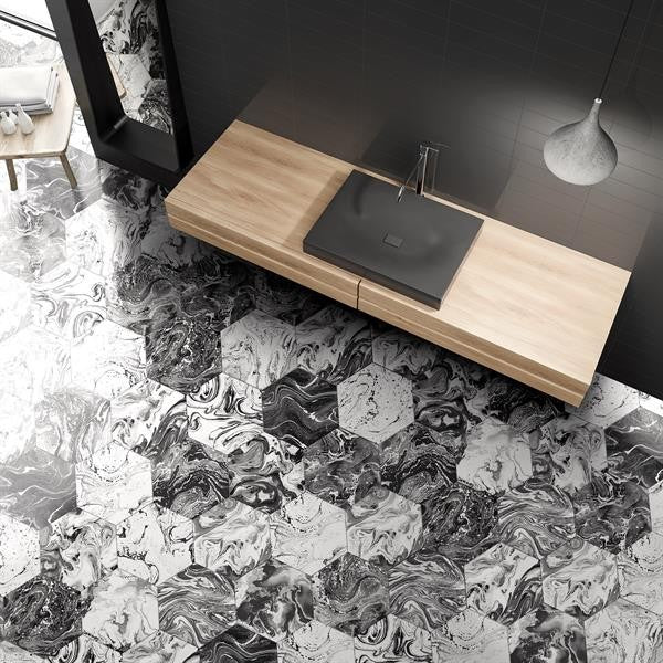 Колекция Hexa Ebru - ITT CERAMIC шестоъгълен гранитогрес 23x27 см, мраморен черно-бял декор за под или стена, онлайн магазин KERANOVA