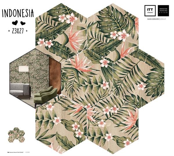 Alt Tag: Колекция Hexa Indonesia - ITT CERAMIC шестостенни плочки 23x27 см с тропически мотиви за баня от KERANOVA онлайн магазин