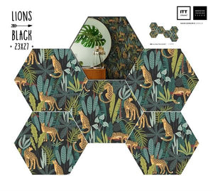 Hexa Lions Black 23x27 шестоъгълни плочки с черен фон и дизайн на лъвове и тропически листа за баня KERANOVA
