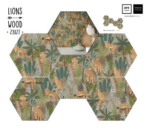 Hexa Lions Wood 23x27 кафяви шестоъгълни плочки с дизайн на лъвове и зелени листа за баня от онлайн магазин KERANOVA