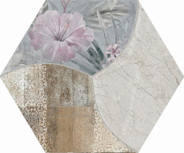 Колекция Hexa Mystic - ITT CERAMIC шестостенен гранитогрес с флорални и мраморни мотиви 23x27 см за баня - KERANOVA онлайн магазин