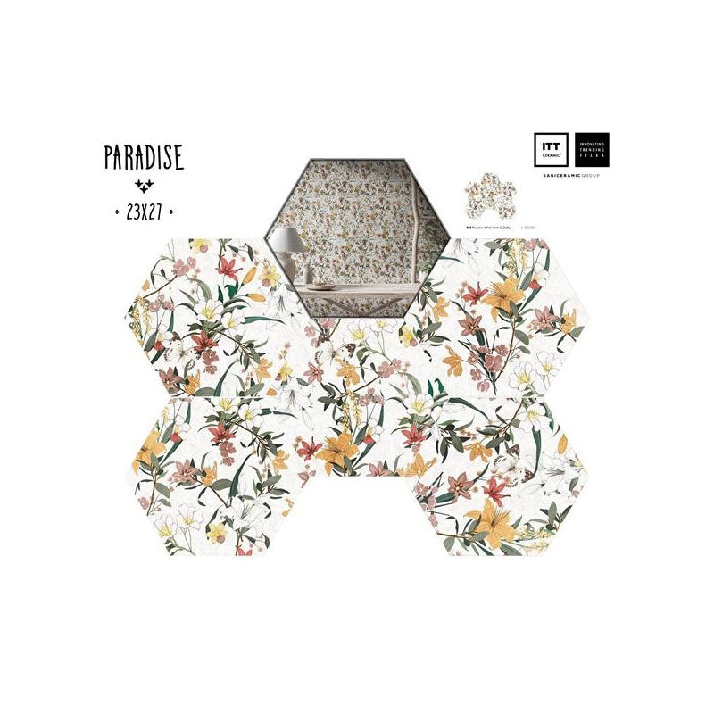 Колекция Hexa Paradise - ITT CERAMIC шестостенни декоративни гранитогрес плочки 23x27 см с флорален мотив за баня KERANOVA