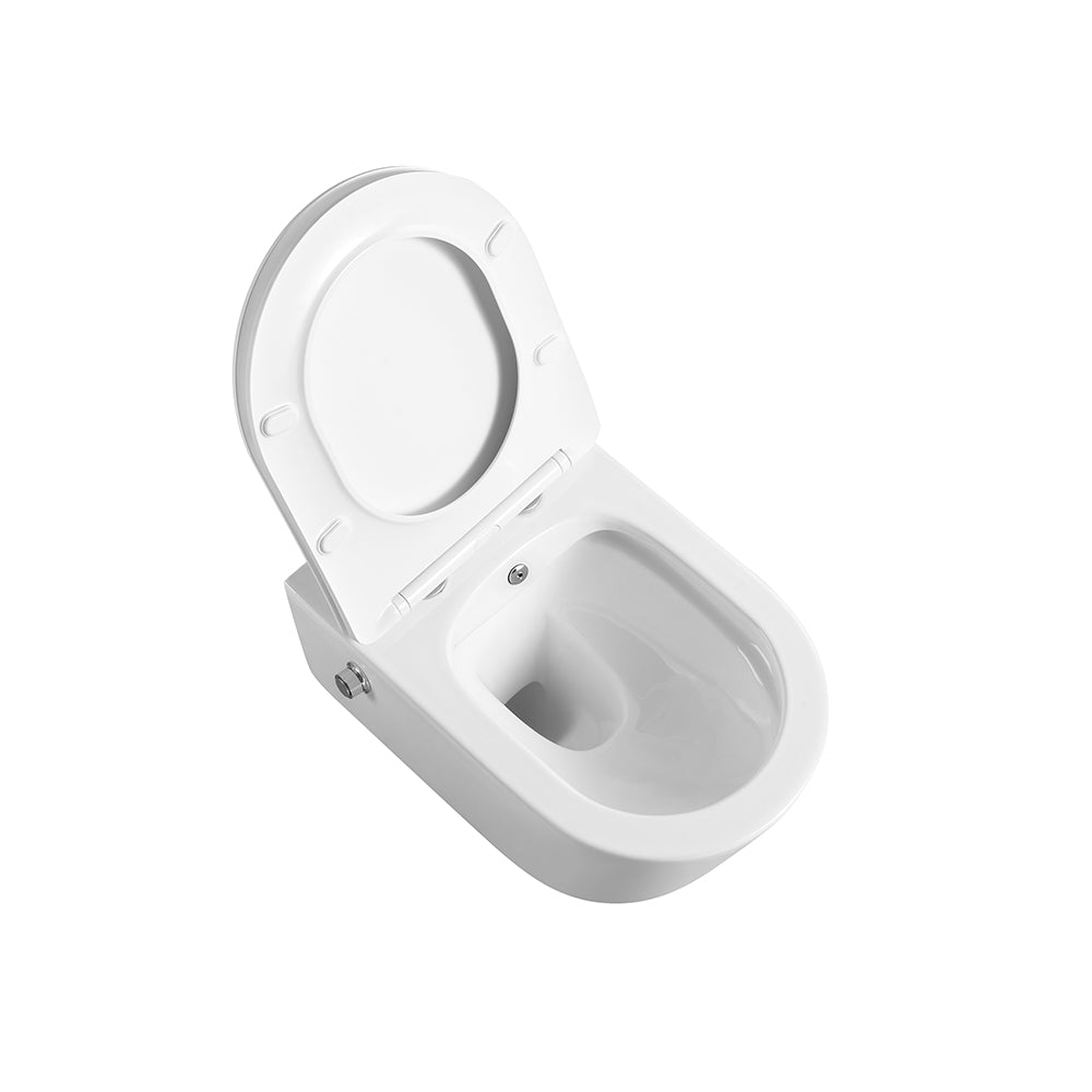 Rimless тоалетна ICC 3755W BIDET LUX с биде и вграден смесител – конзолна порцеланова тоалетна 54 см, седалка Дуропласт, KERANOVA