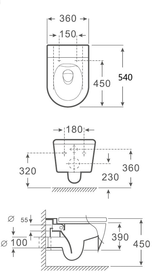 Rimless тоалетна ICC 3755W BIDET LUX с биде и вграден смесител - технически чертеж с размери за онлайн магазин KERANOVA