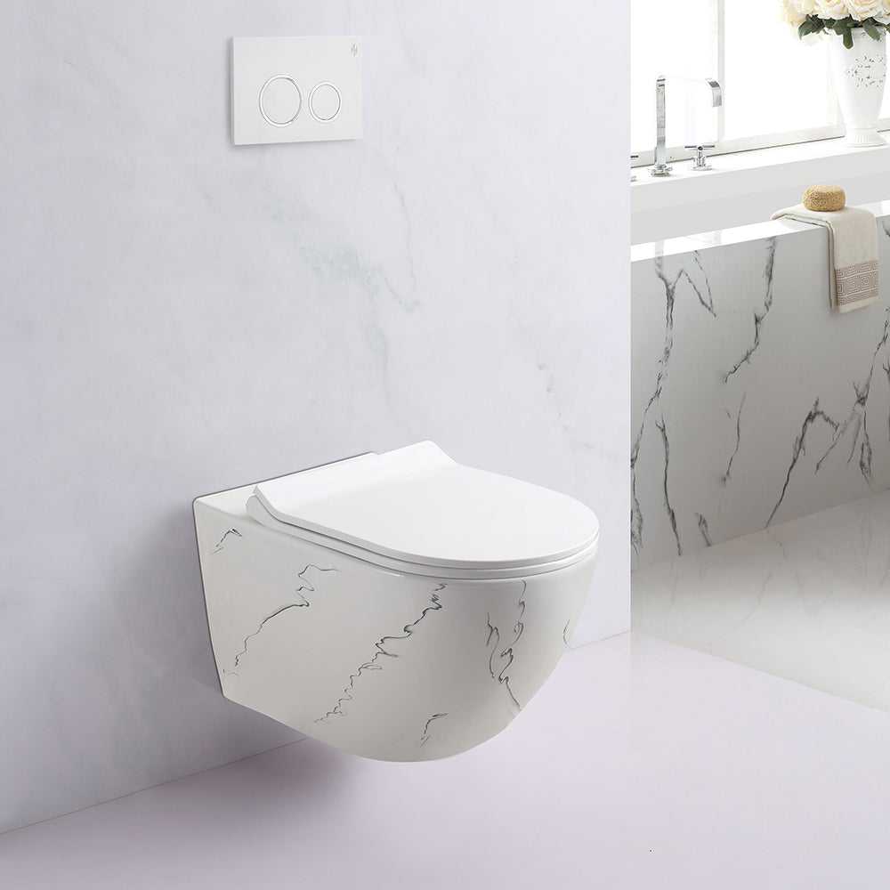 Rimless конзолна тоалетна ICC 4937 Marble в мраморен декор, стенна конзолна чиния с ултра тънка седалка – онлайн магазин за обзавеждане за бани KERANOVA