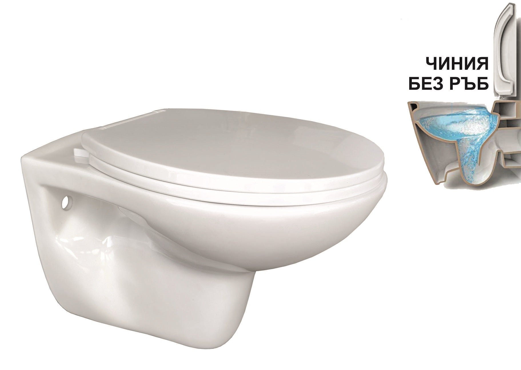 Rimless конзолна тоалетна ICC 5335 Rimless - бяла конзолна тоалетна чиния Rimless, лесна за почистване, седалка и капак, KERANOVA онлайн магазин