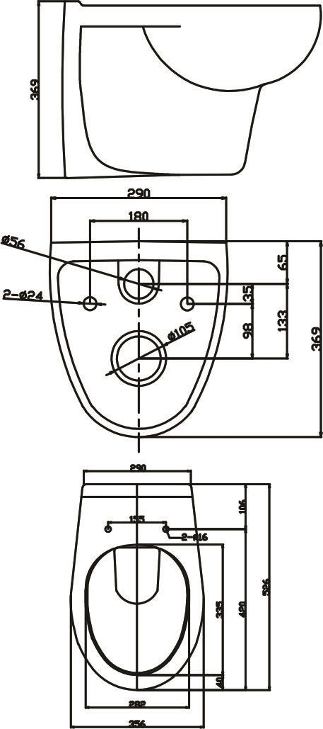 Rimless конзолна тоалетна ICC 5335 Rimless технически чертеж с размери за онлайн магазин KERANOVA