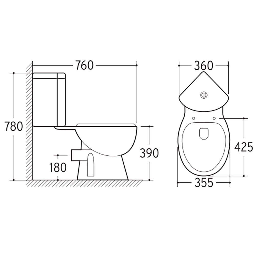 Ъглов моноблок ICC 7636P Rimless - технически чертеж с размери 760x780x360 мм за монтаж, KERANOVA онлайн магазин