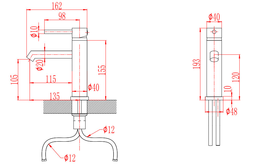 Комплект за баня Соланж - технически чертеж на стоящ смесител и душ колона, размери и монтажни детайли за KERANOVA