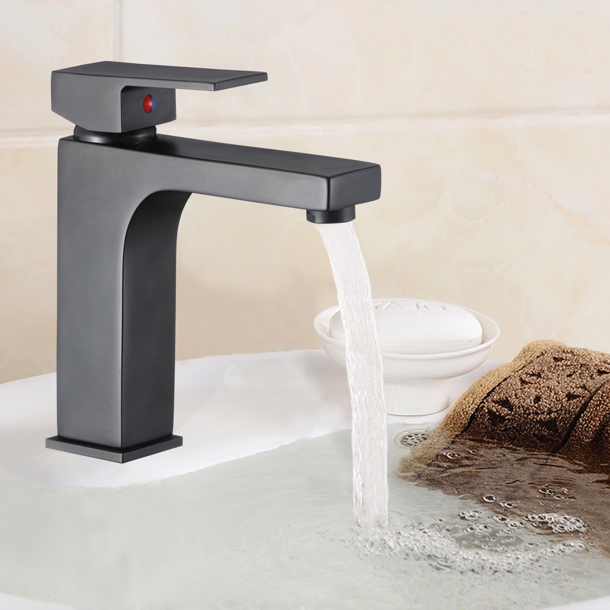 Стоящ смесител за мивка Ясмина - черен мат с модерен матов дизайн, Sedal керамичен механизъм и течаща вода - KERANOVA онлайн магазин