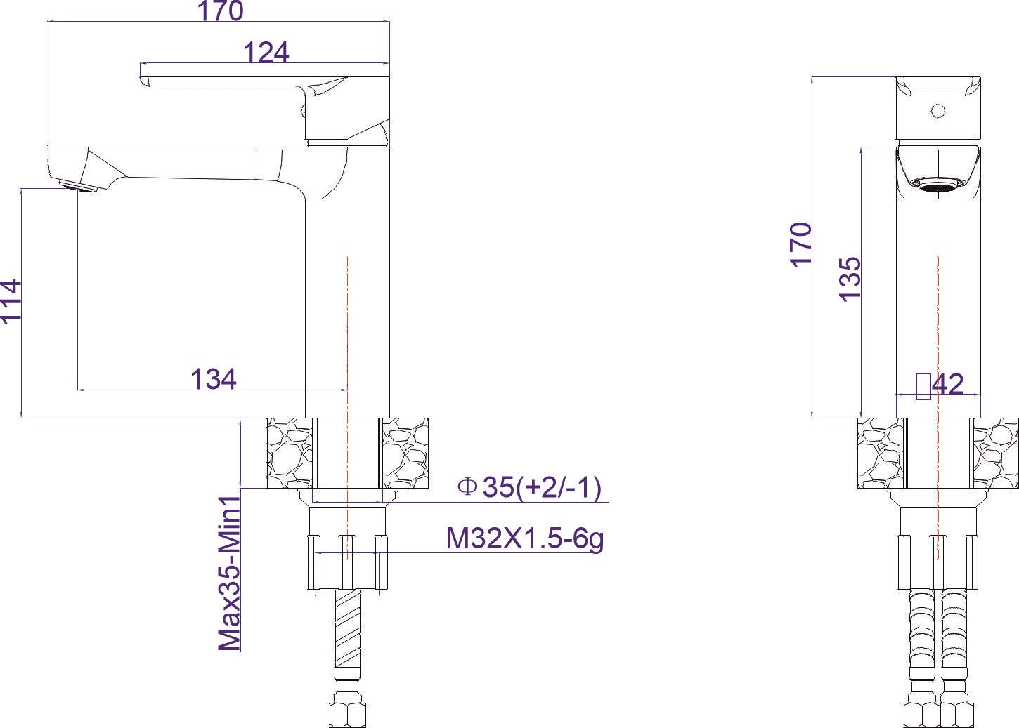 Комплект за баня Marsiliya - сатен стоящ смесител за мивка технически чертеж с размери и свързване KERANOVA