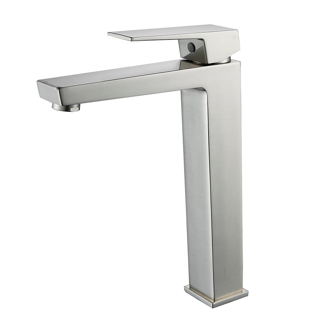 Висок смесител за мивка Elinor Brush Nickel - модерен висок смесител купа с керамичен механизъм и Neopearl аератор, наличен в онлайн магазин KERANOVA