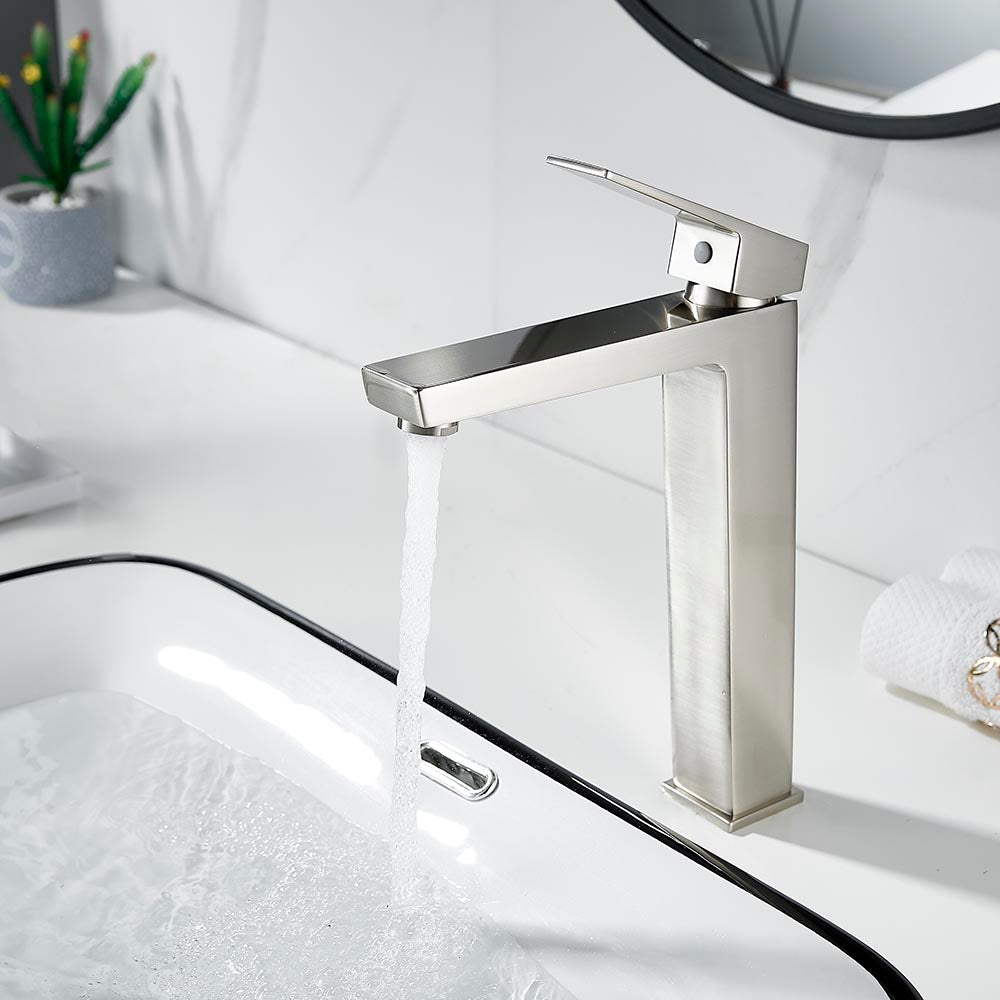 Висок смесител за мивка Elinor Brush Nickel - модерен висок смесител за мивка от онлайн магазин за обзавеждане за бани KERANOVA