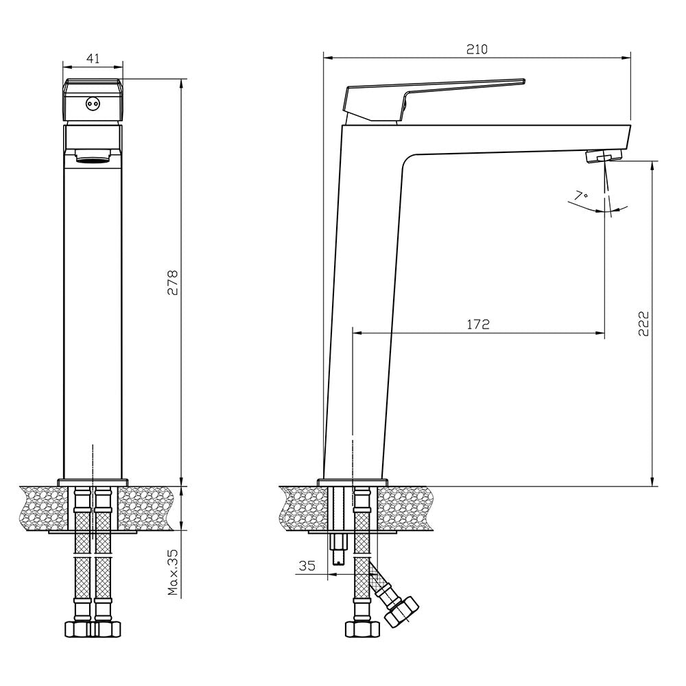 Висок смесител за мивка Elinor Brush Nickel - технически размери и монтажна схема за онлайн магазин KERANOVA
