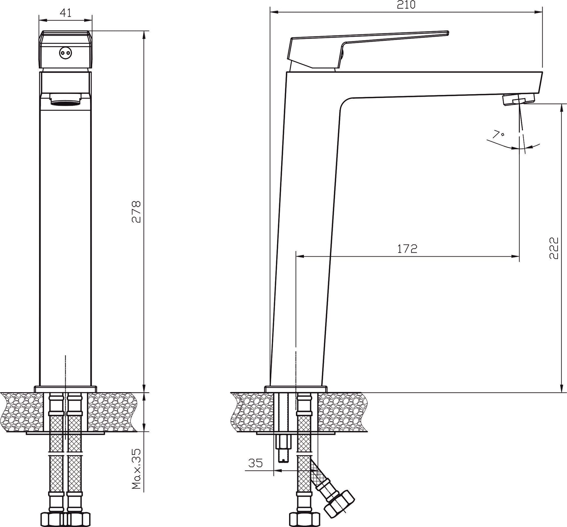 Висок смесител за мивка Elinor Chrome – технически чертеж с размери, аератор Neopearl и меки връзки за онлайн магазин KERANOVA