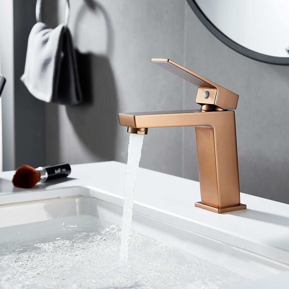 Смесител за мивка Elinor Brushed Rose Gold - стоящ розово-златен смесител с Neopearl аератор, керамичен механизъм, магазин KERANOVA