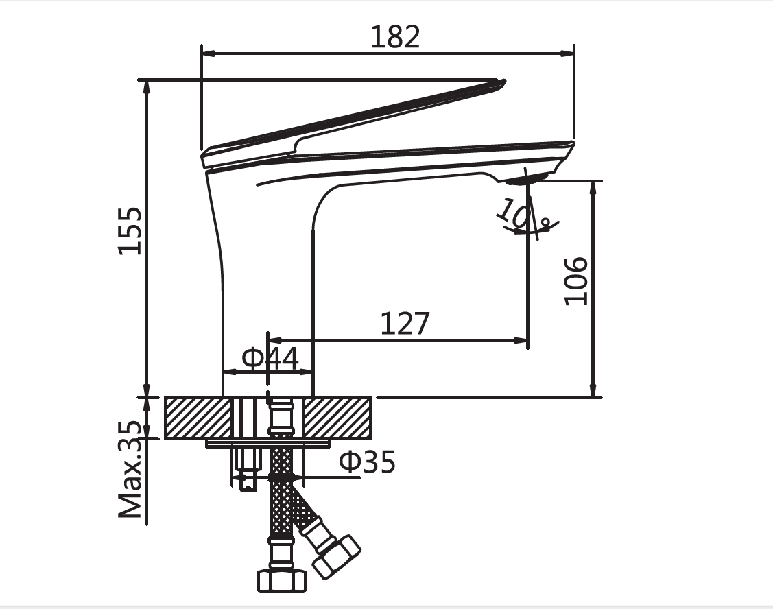 Стоящ смесител за мивка Erin - технически чертеж с размери 182x155x106 мм, монтажно отвърстие Φ35, онлайн магазин за обзавеждане KERANOVA