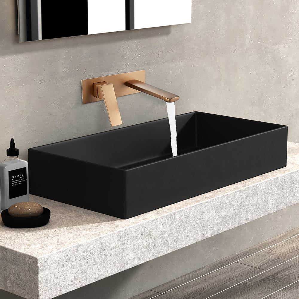 Стенен смесител за мивка Elinor Brushed Rose Gold - вграден PVD медно златист смесител над черна мивка за баня KERANOVA