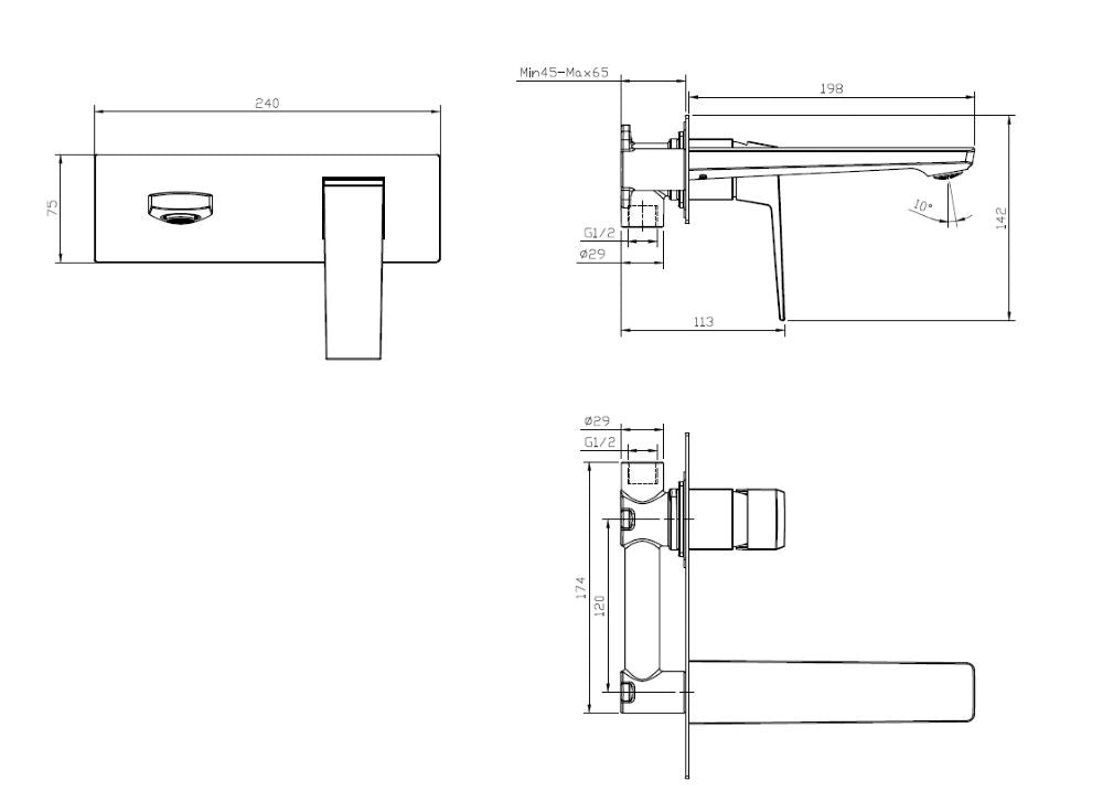 Стенен смесител за мивка Elinor Matt Black - технически чертеж и размери, онлайн магазин KERANOVA