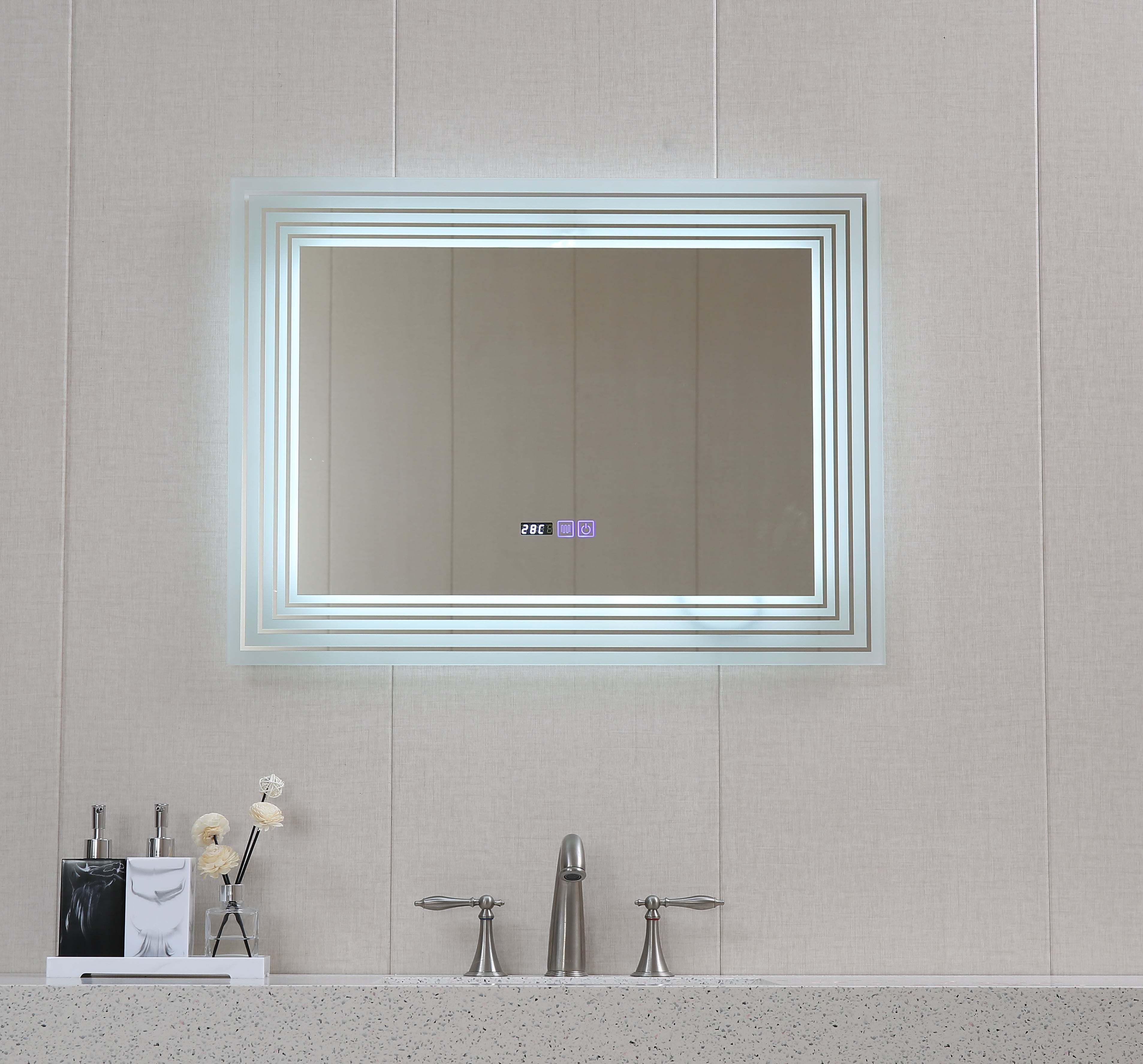 Огледало с осветление 1816 80х60 см. огледало за баня с LED 6500K, touch управление, часовник и нагревател против изпотяване – KERANOVA онлайн магазин