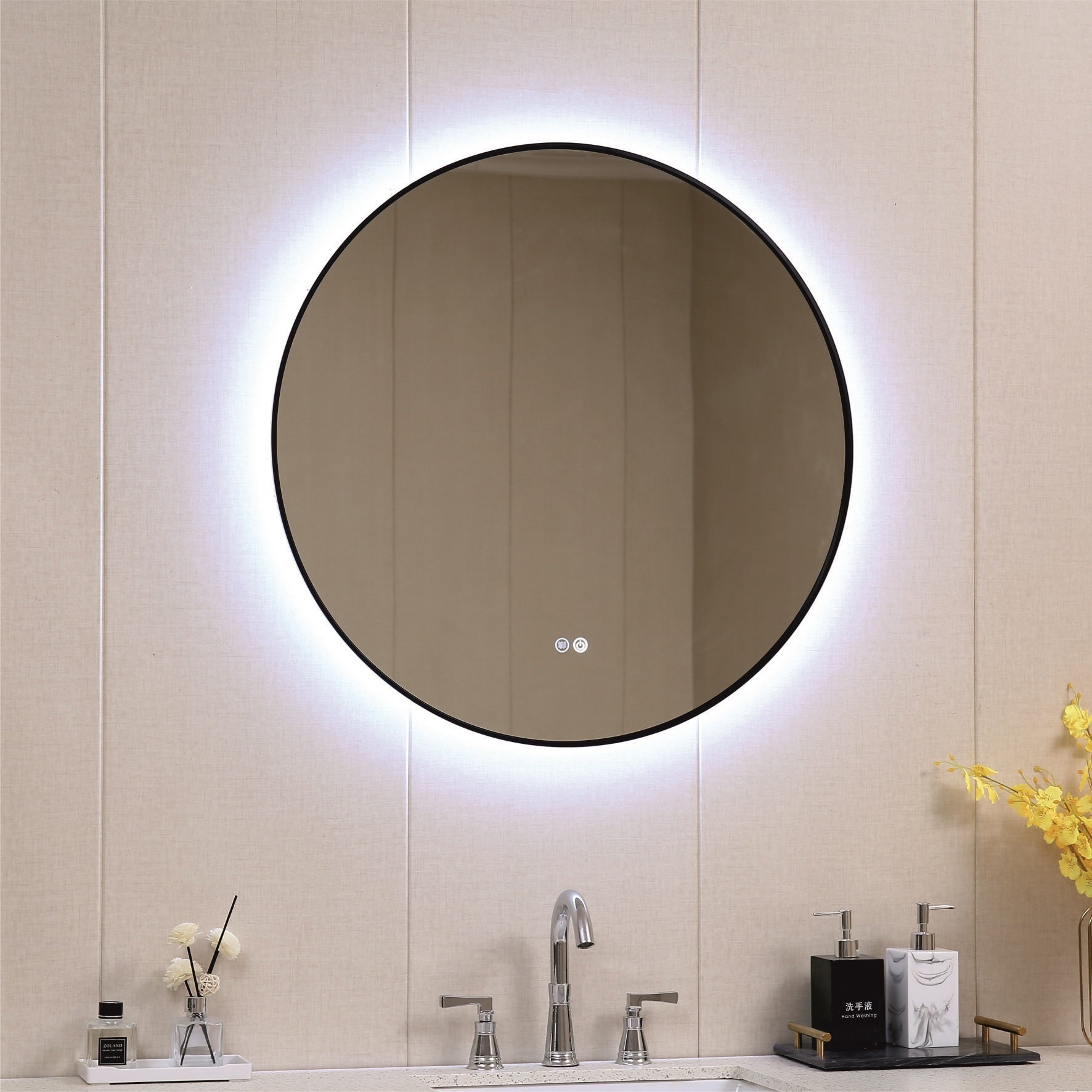 Огледало с осветление ICL 1855/100 Black Ф100 см. – кръгло баня огледало с LED осветление, черна матова алуминиева рамка, touch контрол, KERANOVA
