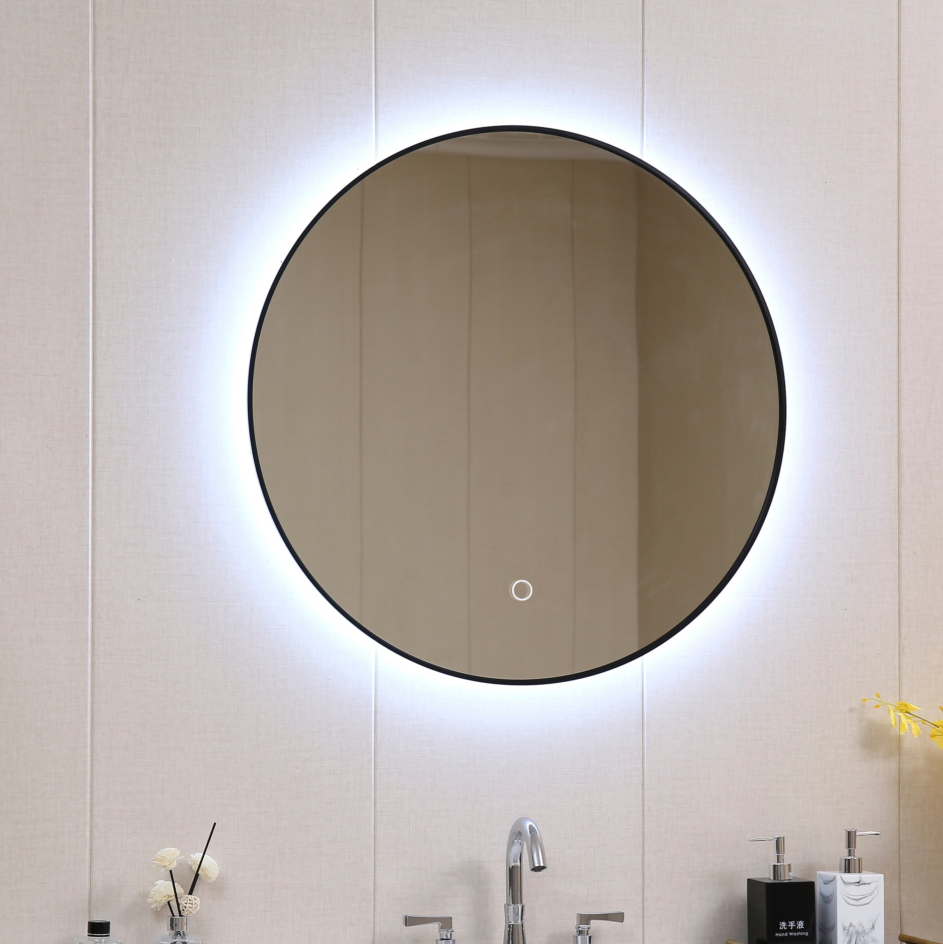 Огледало с осветление ICL 1855/60 Black Ф60 см. - кръгло баня огледало с LED, Touch Screen, онлайн магазин за обзавеждане за бани KERANOVA